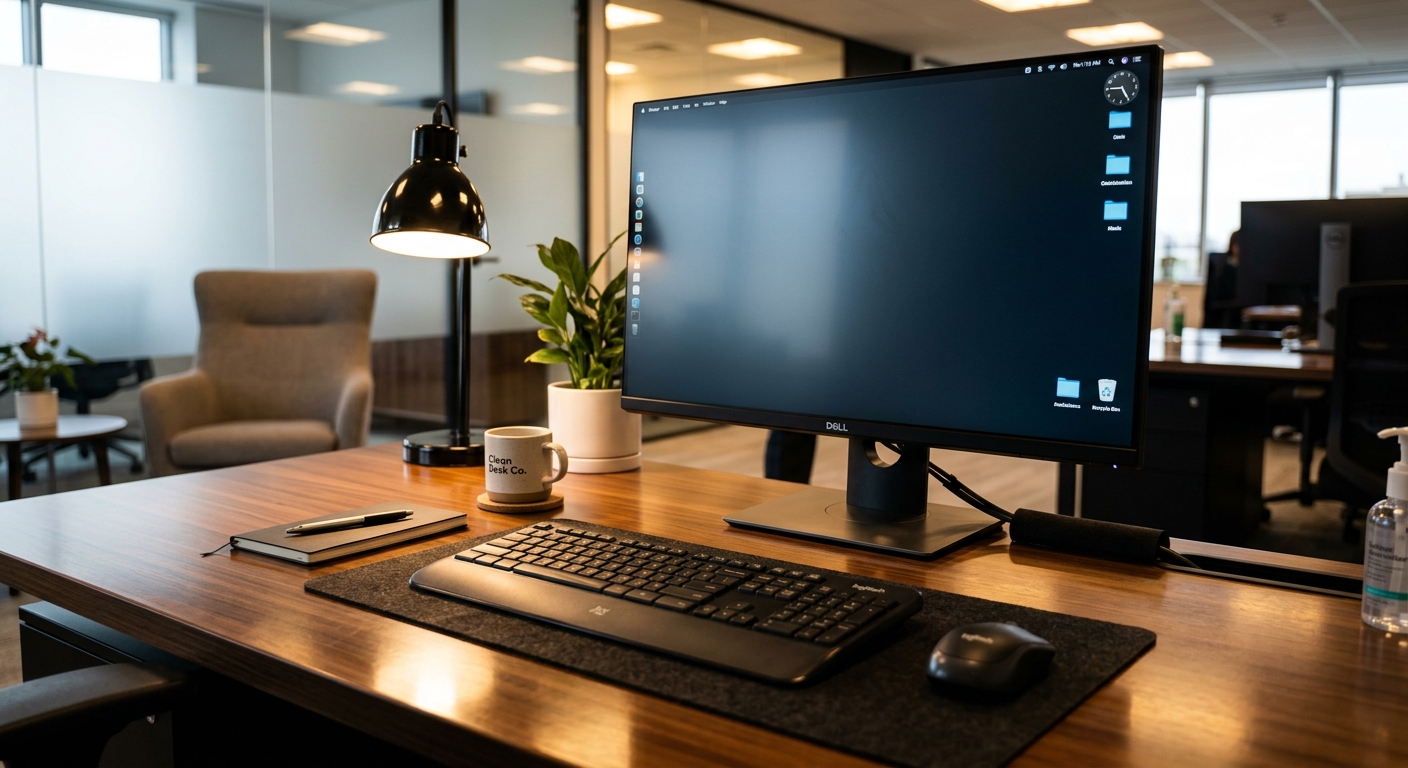 Commercial office workstation sanitisation & polish — before and after — after