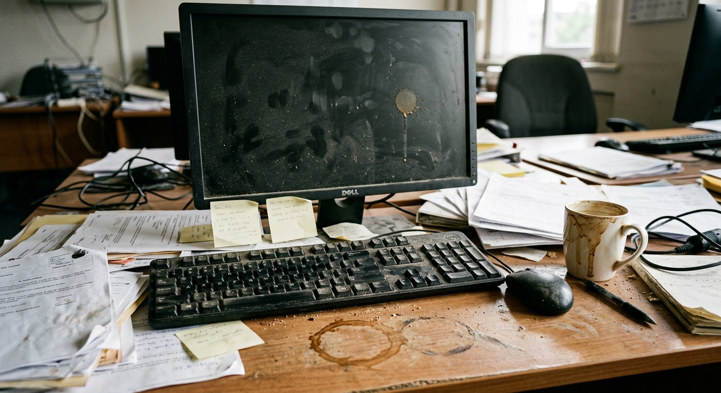 Commercial office workstation sanitisation & polish — before and after — before