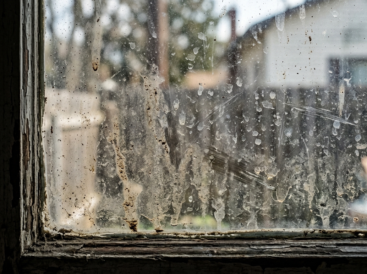 Interior window glass squeegee restoration — before and after — before